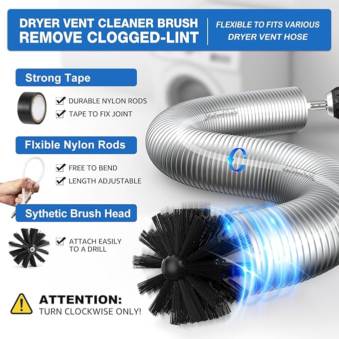 32-Feet Dryer Vent Cleaner Kit, Dryer Vent Cleaning Kit Lint Remover with Dryer Vent Brush, Vacuum Hose Attachment Cleaning Tools, Flexible Lint Trap Brush, Vacuum & Dryer Adapters