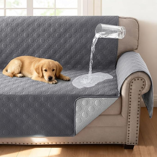 H.VERSAILTEX 100% Waterproof Sofa Covers for 2 Cushion Couch Triple Non-Slip Loveseat Covers with Storage Pocket Washable Couch Protector for Dogs(Loveseat, Grey)