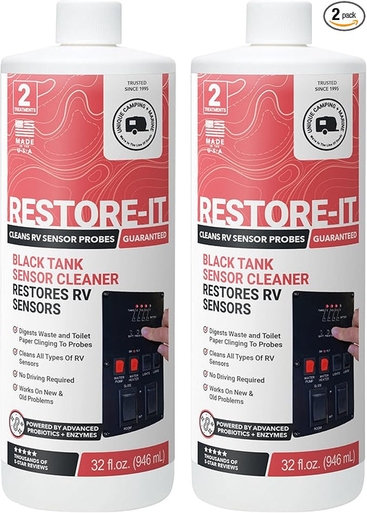 Unique Restore-It RV Sensor Cleaner Liquid - Cleans and Restores Misreading Sensor Probes by Removing Stuck-On Waste in Black Tanks - 2 Treatments Per Bottle (32 oz, 2-Pack)