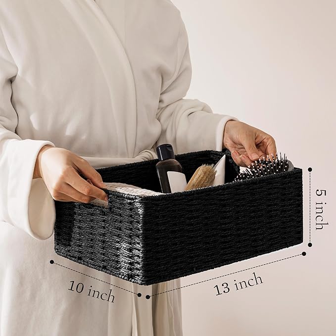 joybest Black Wicker Baskets, Hand-woven Storage Baskets for Organizing, Foldable Rectangular Storage Organizer Bins for Shelves with Built-in Handles 13L x 10W x 5H inch, 4-pack