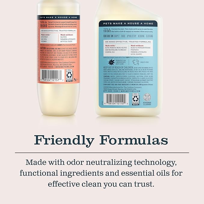 Mrs. MEYER'S Clean Day Cat Care Kit, includes Cat Deodorizing Spritz - White Peach and Pet Stain & Odor Fighter - Coconut Leaf