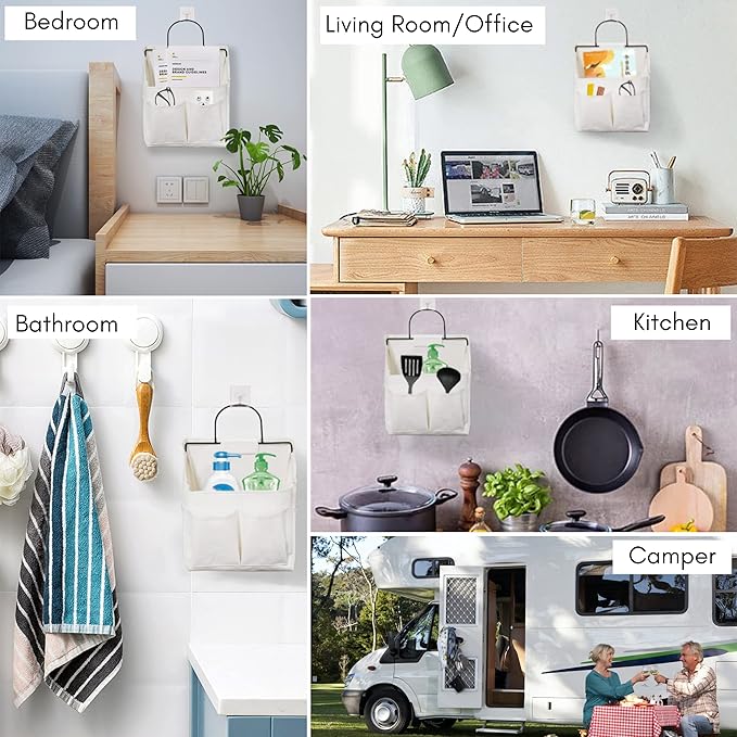 2pcs Wall Hanging Organizer Bag, Linen Fabric Door Hanging Storage Basket with Pockets, Waterproof Bin for Kitchen, Bedroom, Office, RV Camper (White-Upgraded)