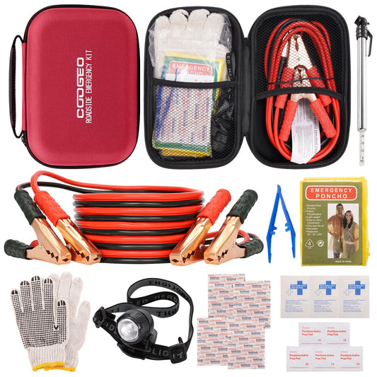 Car Roadside Emergency Kit with Battery Jumper Cables, Red - Image 1