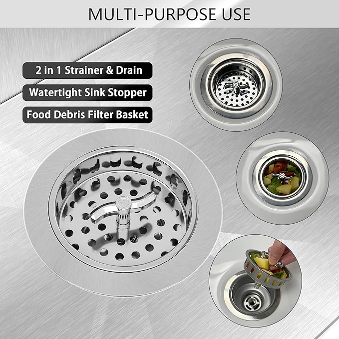 Kitchen Sink Drain 3-1/2 Inch Kitchen Sink Strainer Assembly with T-Shaped Strainer Basket and Drain Stopper for Standard Sink Brushed Stainless Steel