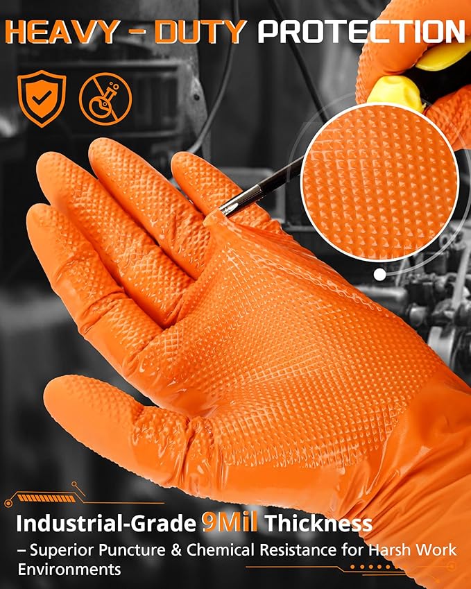 nitroshield 9mil Heavy Duty Disposable Nitrile Gloves,Orange XLarge 800Pcs -Chemical Resistant, Latex & Powder Free Rubber Gloves Diamond Texture for Automotive, Mechanics, Cooking,BBQ, Industrial Use