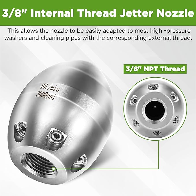 Sewer Jetter Nozzle for Pressure Washer, 3/8" NPT Internal Thread Strong Shot Jetter Head, Stainless Steel Power Washer Drain Jetter Cleaner, 3000 PSI