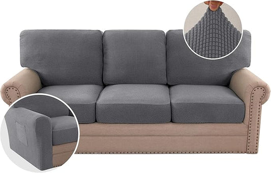H.VERSAILTEX Multi-Pieces Sofa Covers Stretch Couch Covers Form Fitted Seats and Back Cushions Covers (3 Seat Covers Plus 3 Back Cusion Covers, Bonus 2 Armrest Covers), Grey