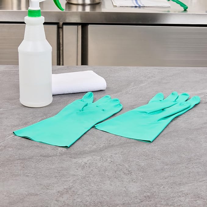 Restaurantware Green Cleaning Gloves 10 Pairs 15 Mil Thick Medium Heavy-Duty Nitrile Gloves With Long Cuff No-Latex Flock Lining For Use In Hospitals, Laboratories, Kitchens and Households