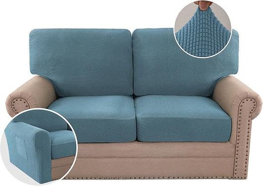 H.VERSAILTEX Multi-Pieces Sofa Covers Stretch Couch Covers Form Fitted Seats and Back Cushions Covers (2 Seat Covers Plus 2 Back Cusion Covers, Bonus 2 Armrest Covers), Storm Blue