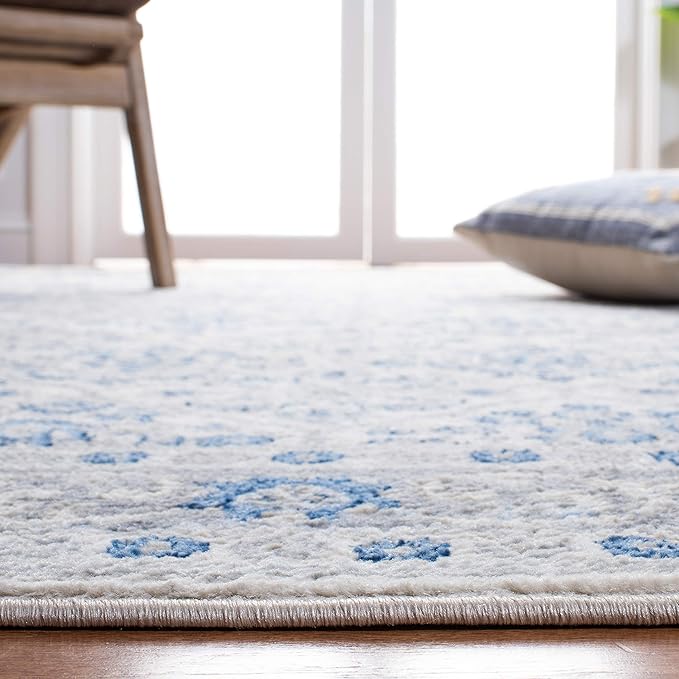 SAFAVIEH Brentwood Collection Area Rug - 6'7" Round, Ivory & Blue, Oriental Damask Trellis Design, Non-Shedding & Easy Care, Ideal for High Traffic Areas in Living Room, Bedroom (BNT870A)