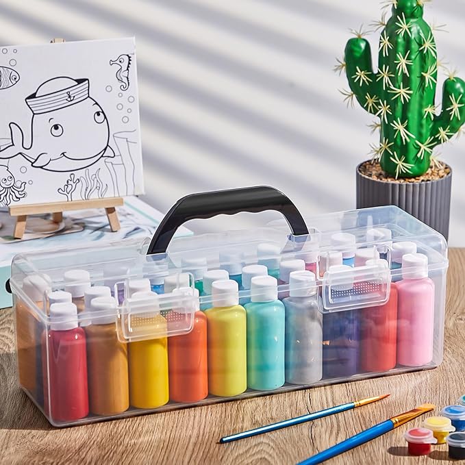 2 Pcs Paint Storage Box for 2 Fl. oz Acrylic Paints, Acrylic Portable Craft art Organizer with Handle, 30 Bottles Capacity Plastic Art Supply Clear Boxes