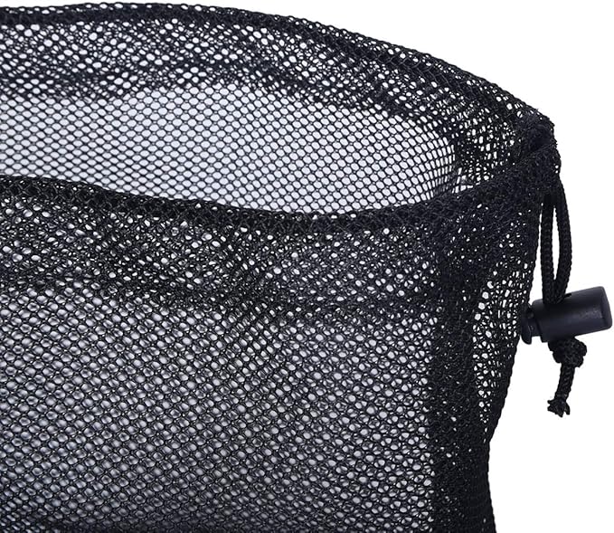 iBasingo 5pcs Black Mesh Bags - Nylon Sack Durable Drawstring Net Bags - Small Travel Sleeping Stuff Storage Ditty Bags for Cosmetics Shower Gels Bottle Pot Tennis Golf Ball Tools BVP01