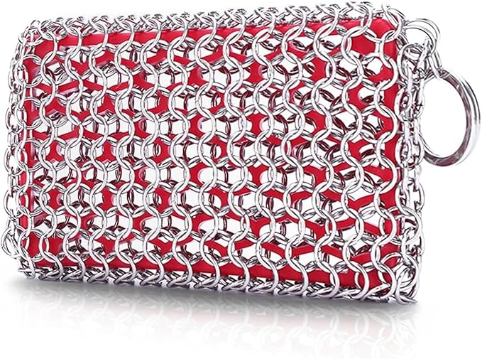 Outset Chain Mail Cast Iron Cleaner and Scrubber Tool with Silicone Support Pad