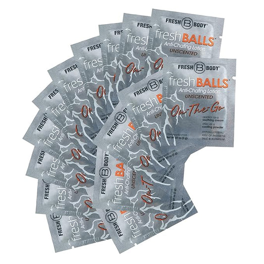 Fresh Balls On-The-Go Anti Chafing Lotion, 0.07oz Travel Size (15 Pack) Ball Deodorant for Men and Soothing Chafing Cream to Powder Hygiene for Groin Area by Fresh Body