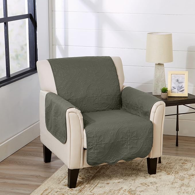 Reversible Chair Cover - Washable Slipcover Furniture Protector with Elastic Straps - Furniture Cover for Dogs, Kids, and Pets - Quilted & Stitched Detail (Chair, Sage Green / Light Gray)