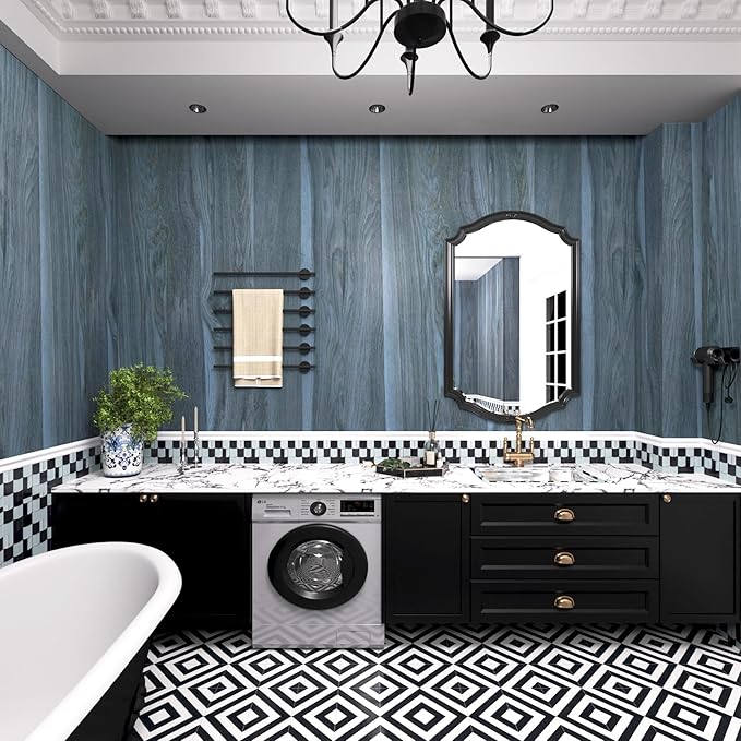 Peacock Blue Wallpaper Wood Grain Contact Paper for Cabinets Wood Look Wallpaper with Air Guide Slot Design 32x158 inch Peel and Stick Countertops Wood Vinyl Wrap Waterproof Countertop Contact Paper