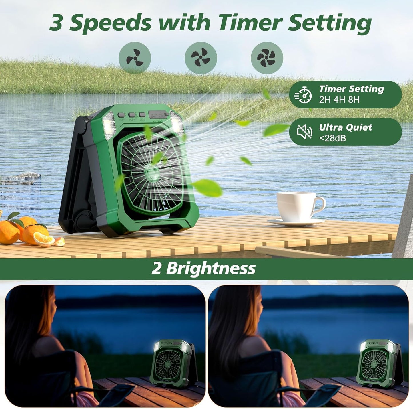 Solar & USB Rechargeable Camping Fan – 10000mAh Battery, 3-Speed, LED Light, Quiet Cordless Fan for Tent, RV & Emergencies