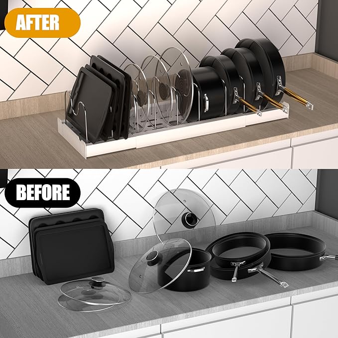 2 Pack Pots and Pans Organizer Racks Inside Cabinet, Expandable Pot & Food Container Lids Holder, Include 20 Stainless Steel Racks & White Plastic Base, Perfect for Kitchen & Countertop