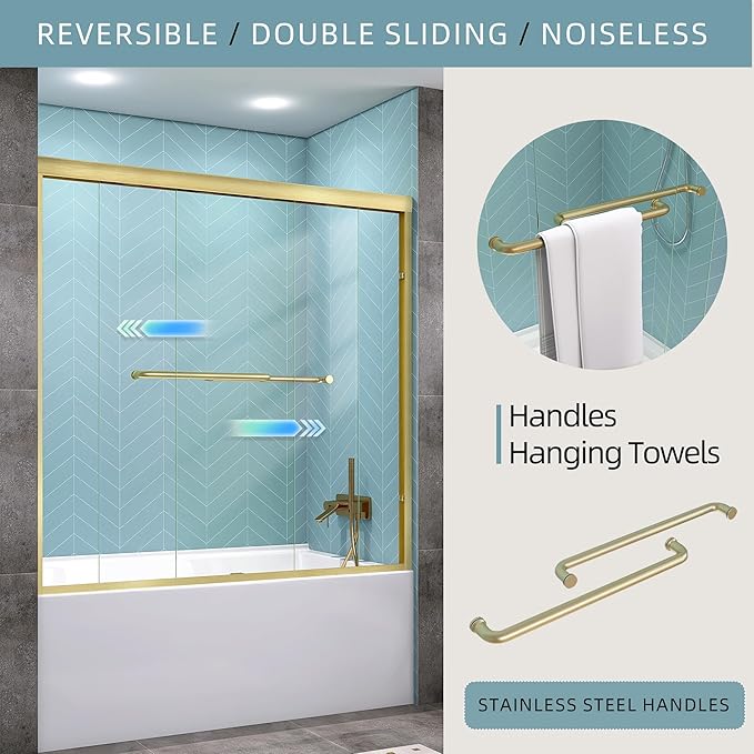 GETPRO Shower Door Double Sliding 56-60 in. W x 58 in. H Semi-Frameless Bypass Bathroom Tub Shower Glass Door,1/4 inch Clear Tempered Glass Bathtub Door Brushed Gold