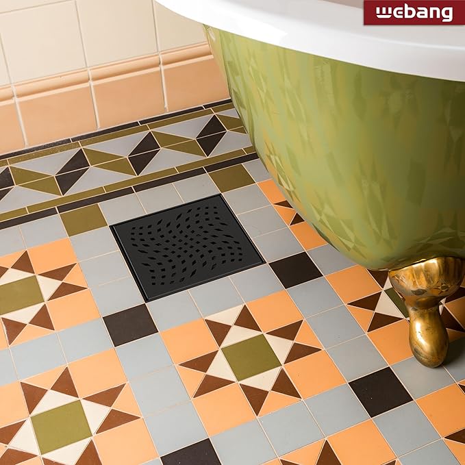 WEBANG 6 Inch Square Shower Drain Black Floor Drain with Flange Wave-Hole Pattern Cover Grate Removable SUS304 Stainless Steel Watermark&CUPC Certified Matte Black
