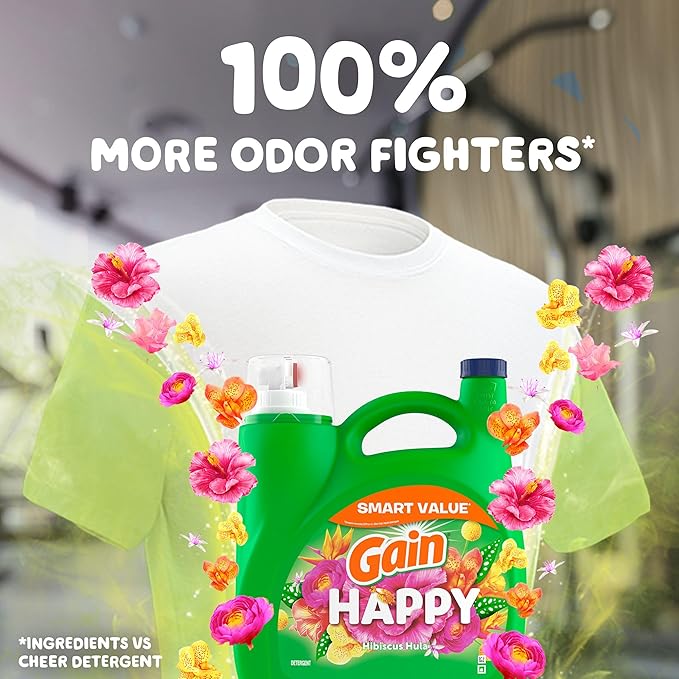Gain Liquid Laundry Detergent, Happy, HE Compatible, 154 fl oz, 107 Loads