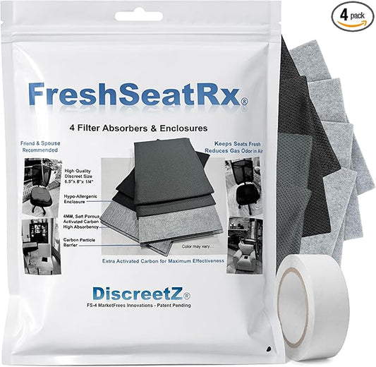 FreshSeatRx 4-Discreet Odor Removal Seat Pads. Orthopedic Seat Cushion Pads Prevent Gassy Seat & Room Air Odors. Use Home, Office, Car, Flight, Any Seating. Activated Charcoal & Carbon Gas Pad FS-4