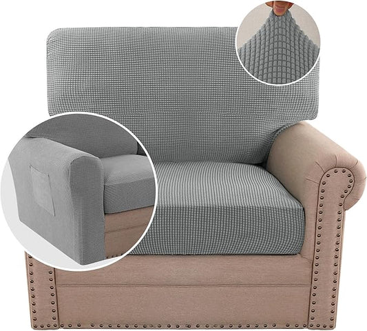 H.VERSAILTEX Multi-Pieces Chair Covers Stretch Couch Covers Form Fitted Seat and Back Cushions Covers (1 Seat Cover Plus 1 Back Cusion Cover, Bonus 2 Armrest Covers), Dove