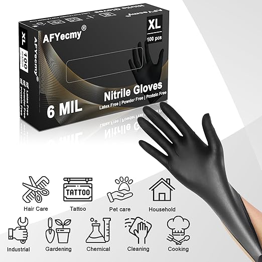 Disposable Nitrile Gloves, Chemical Resistant, Powder and Latex Free, Food Safe, Black Heavy Duty Gloves, 6 Mil, 100 Count, X-Large