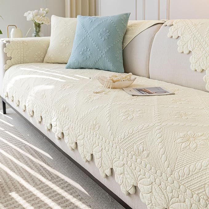 Cotton Quilted Dog Couch Cover for Sofa Farmhouse Rustic Embroidery Sectional Couch Cover Soft Anti-Slip Sofa Slipcover Furniture Protector for Kids, Pets (Ivory,36"x82")