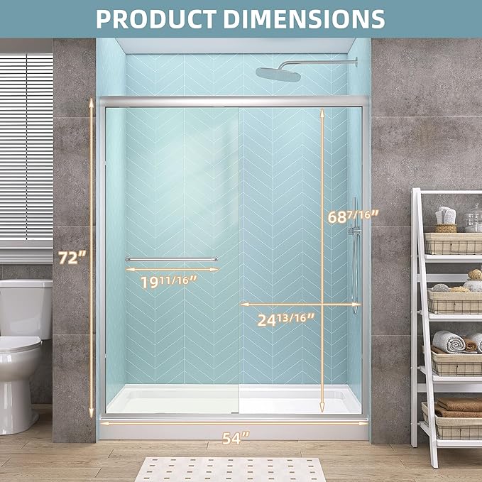 GETPRO Sliding Shower Door Semi-Frameless 50-54 in. W x 72 in. H Bypasss Double Sliding Glass Shower Enclosure,1/4 inch Clear Tempered Glass Door for Walk-in Shower Brushed Nickel
