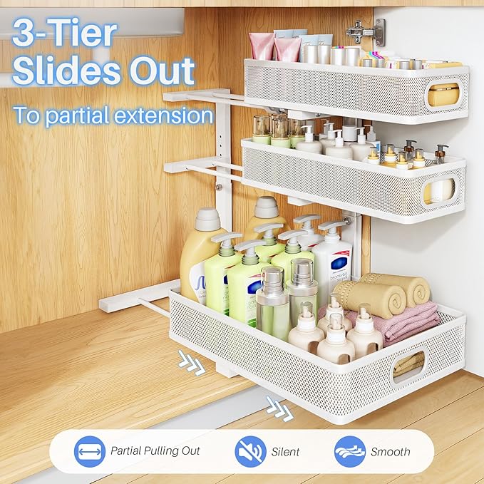 HERJOY Under Sink Organizer, 1-Pack 3-Tier Height Adjustable Thickened Metal Pull out Cabinet Organizer Shelf, Slide out Storage Drawer Rack for Bathroom Kitchen Pantry Home Laundry Organization