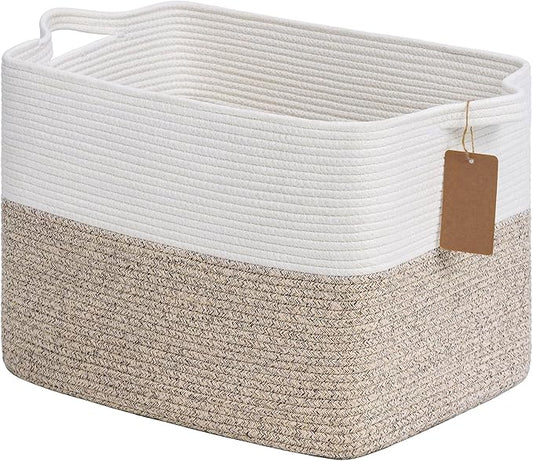 Goodpick Woven Storage Baskets for Organizing, Blanket Basket Living Room, Rope Baskets for Storage, Rectangle Toy Basket With Handles, Brown and White, 18 x 14 x 12 Inches