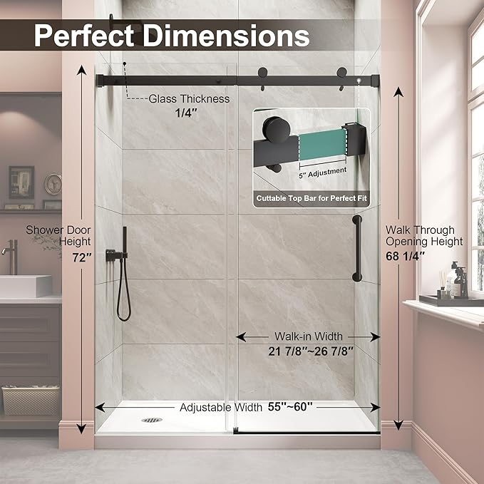 Frameless Shower Door,Single Sliding Glass Shower Door with Nano Coating & Safety Film, Adjustable 55"-60" W x 72" H, Matte Black,1/4" (6mm) SGCC Tempered Glass