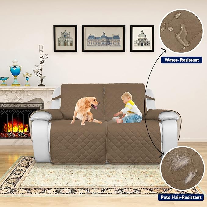 PureFit Water Resistant Reversible Sofa Covers for Reclining Sofa 2 Seat - Non Slip Split Recliner Couch Cover for Double Recliner, Washable Furniture Protector for Kids, Dogs (2 Seat, Camel/Ivory)