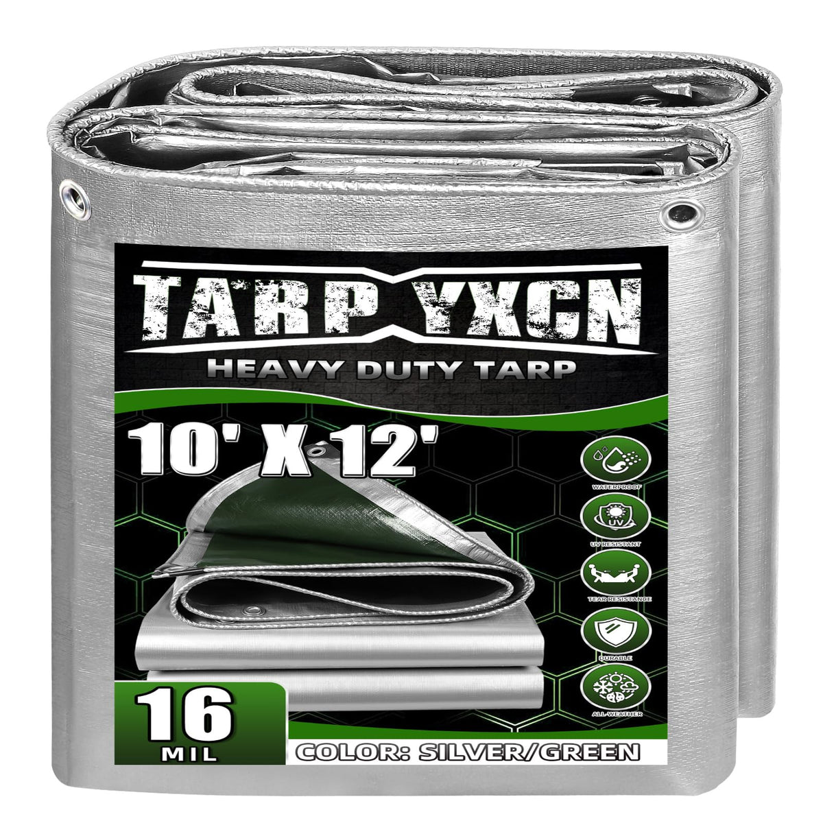 Extra Heavy Duty Tarp 10x12 Ft, 16 Mil Thick (Silver/Green) - Image 1