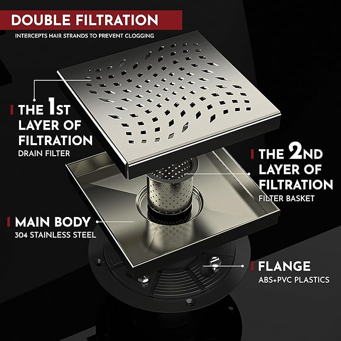 WEBANG 6 Inch Square Shower Drain Nickel Floor Drain with Flange Wave-Hole Pattern Cover Grate Removable SUS304 Stainless Steel Watermark&CUPC Certified Brushed Nickel