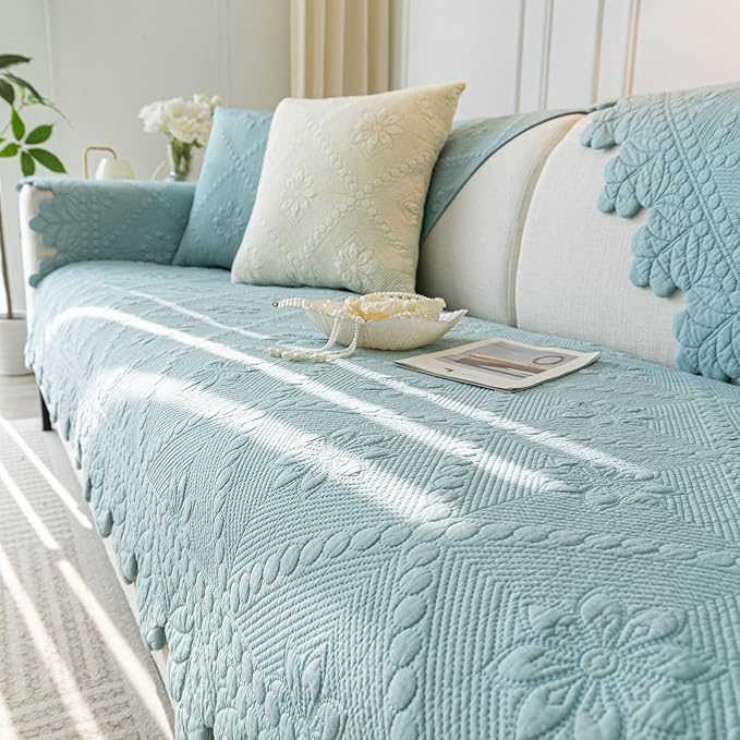 Cotton Quilted Dog Couch Cover for Sofa Farmhouse Rustic Embroidery Sectional Couch Cover Soft Anti-Slip Sofa Slipcover Furniture Protector for Kids, Pets (Blue,28"x70")