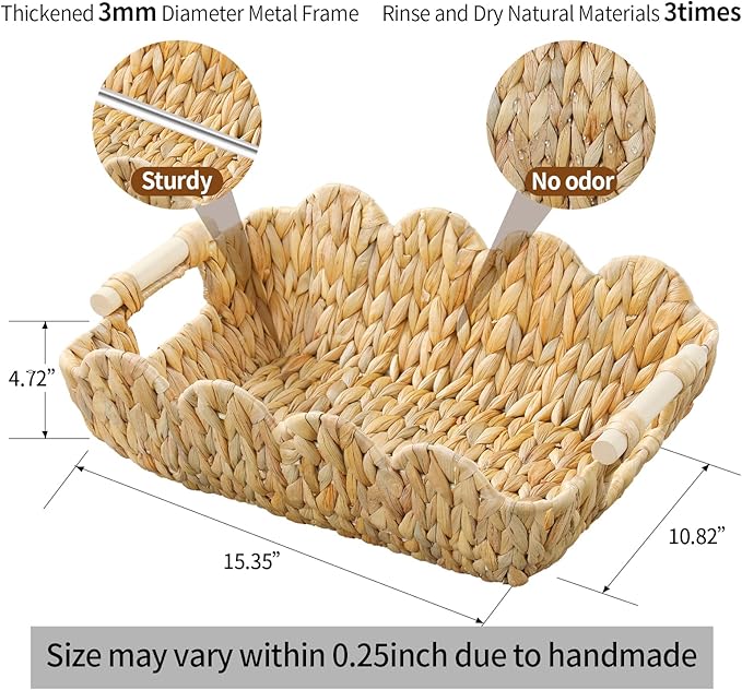 Small Wicker Basket 2 Pack,Scalloped Basket for Organizing and Decor,Natural Water Hyacinth Storage Baskets with Wooden Handles for Gifts,Snack,Shelves