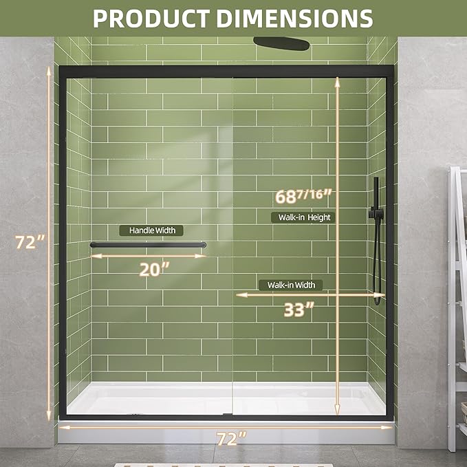 GETPRO Shower Door 68-72 in. W x 72 in. H Double Sliding Semi-Frameless Bypasss Bathroom Shower Glass Doors,1/4 inch Clear Tempered Glass Door for Walk-in Shower Matte Black