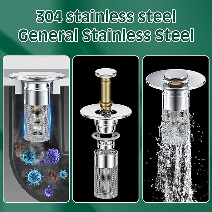 3 in 1 Sink Drain Strainer with Hair Catcher,2PCS Stainless Steel Popup Sink Stopper with Basket for Bathroom Kitchen Shower,Pop-up Bounce Core Floor Basin Drain Filter,Replacement Sink Plug
