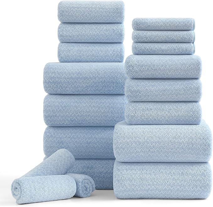 Ycosy 18 Piece Bath Towels Set,100% Microfiber Family Bathroom Towel with Hanging Loops-6 Bath Towels,6 Hand Towels,6 Washcloths,Quick Dry Highly Absorbent Shower Towel for Bathroom,Hotel,Spa-Blue