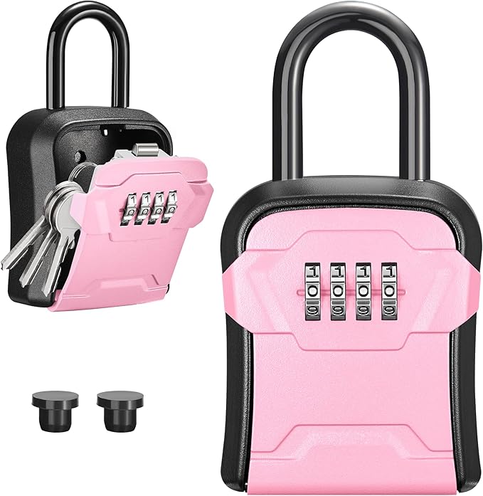Puroma Lock Box, Key Lock Box Wall Mount & Portable Combination Lockbox with Resettable Code, Security Lockbox for Outside House Keys, Apartment Realtors Spare Keys Storage (1 Pack, Pink)