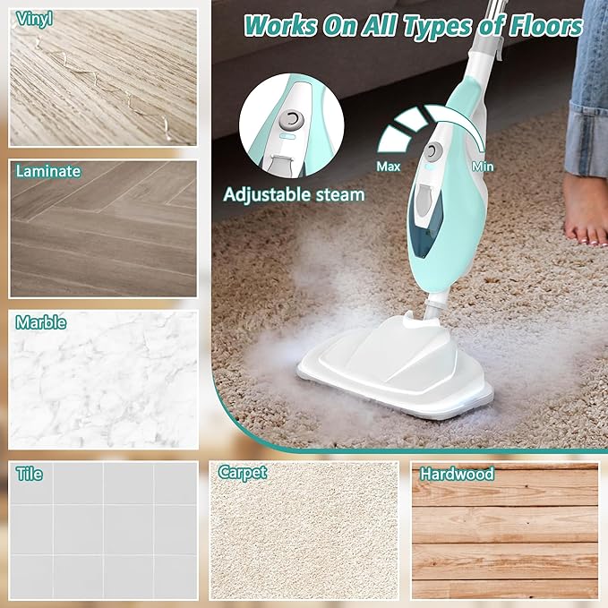 Steam Cleaner for Home, Handheld Floor Steamer Cleaner, Lightweight 12 in 1 Steam Mop Detachable Steamer for Hardwood Floor Tile Couch, 2 Washable Pads, 1550W Deep Cleaning, Green