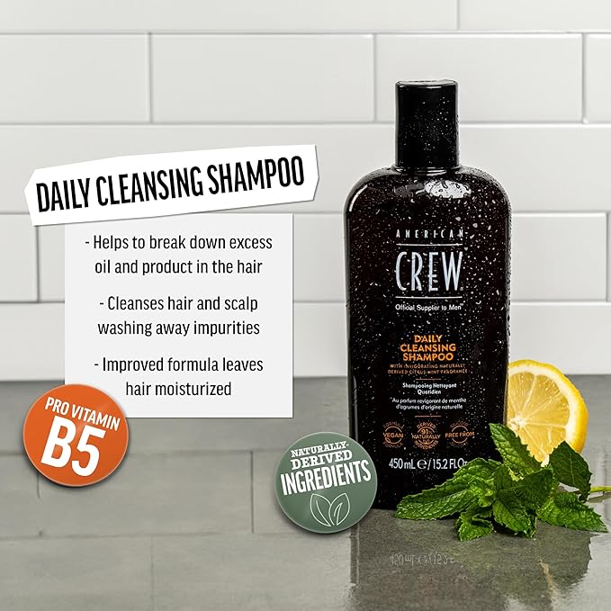 AMERICAN CREW Shampoo for Men,Daily Cleanser,Naturally Derived,Vegan Formula,Citrus Mint Fragrance,33.8 Fl Oz,(Pack of 2)