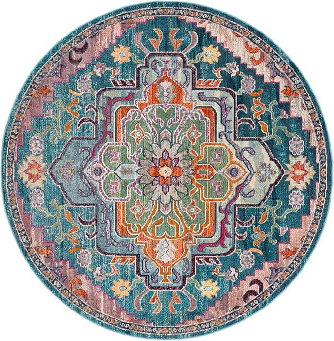 SAFAVIEH Crystal Collection Area Rug - 3' Round, Teal & Rose, Medallion Distressed Design, Non-Shedding & Easy Care, Ideal for High Traffic Areas in Living Room, Bedroom (CRS501T)