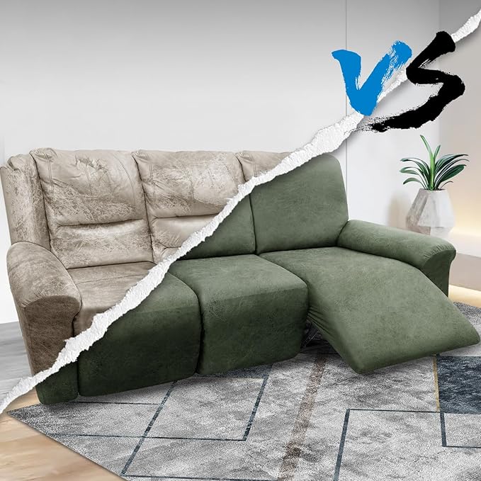 Couch Cover 8-Pieces Sofa Covers Washable Recliner Sofa Covers 3 Seater Leather Look Recliner Slipcovers with Pockets Spandex Fabric Furniture Covers(Recliner Sofa, Army Green)