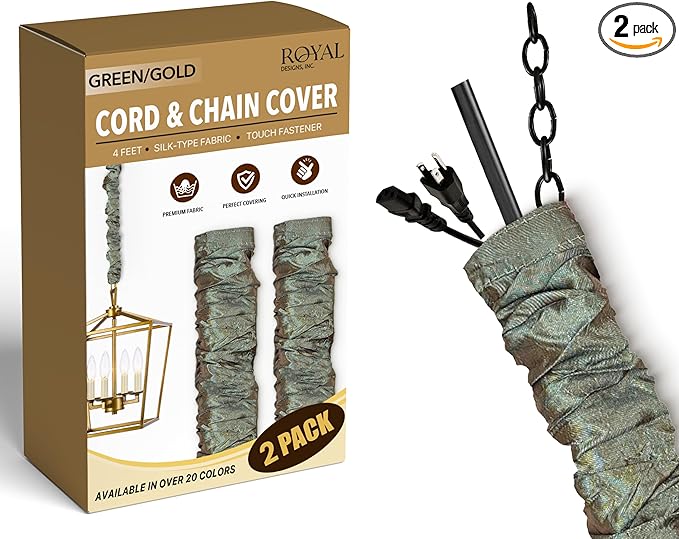 Royal Designs, Inc. Cord & Chain Cover 4 ft Silk Type Fabric, Chandelier Pendant Lighting Chain & Cable Management, Touch Fastener, Green Gold - 2 Pack