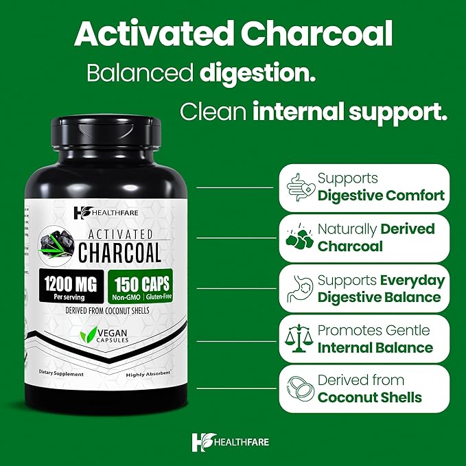 Healthfare Activated Charcoal Pills 1200mg | 150 Vegan Capsules | Organic Coconut-Sourced | Detox & Digestive Balance | Non-GMO, Gluten-Free | Made in USA