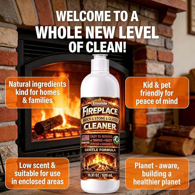 Fireplace Cleaning Set Fireplace Soot Remover with Scrub Brush for Brick, Stone, Rock, Tile, and Marble – Nonabrasive Brick Cleaner, Gentle Formula for Bricks & Glass Indoor and Outdoor -16.91 oz