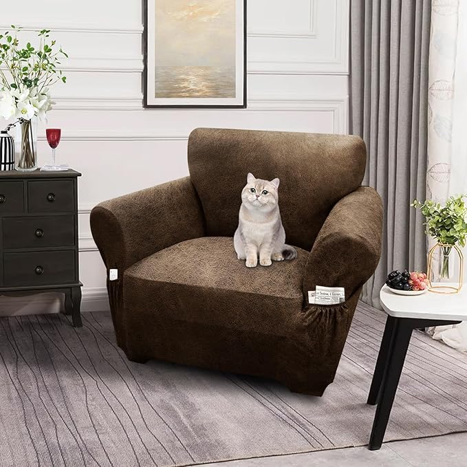 Single Sofa Cover Leather Look Chair Covers for Living Room 1-Piece Sofa Chair Covers with Arms Stretch Furniture Protector with Elastic Bottom & Pockets(Armchair, Brown)